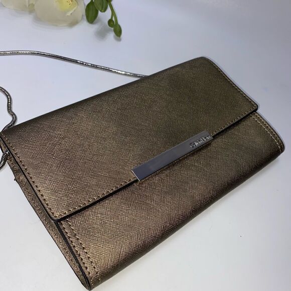 Calvin Klein Saffiano Leather Shoulder Purse Gold Small - Picture 6 of 14